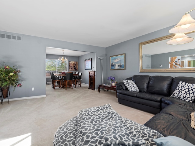 7111 Tucker Rd, Holly, MI 48442 - carpeted living area featuring a chandelier, baseboards, and stairway