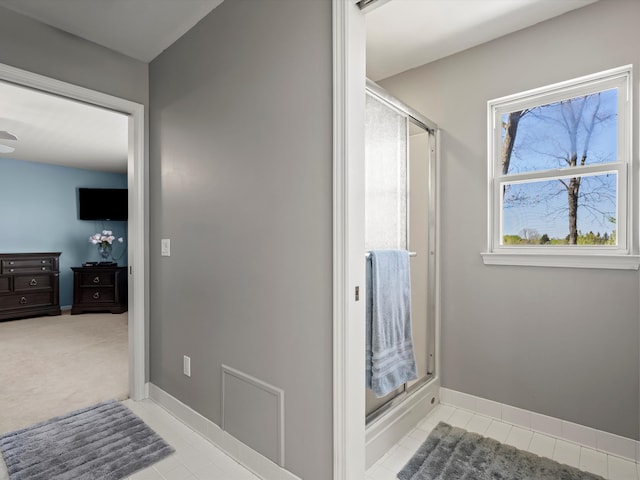 7111 Tucker Rd, Holly, MI 48442 - bathroom with a shower stall, baseboards, and tile patterned floors
