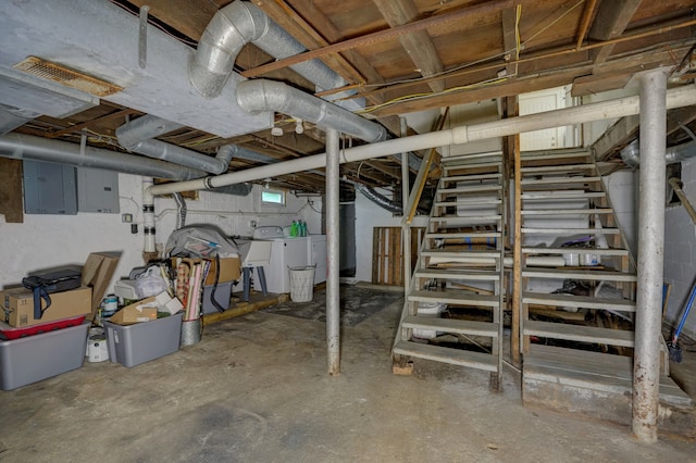 715 N St, Mount Morris, MI 48458 - below grade area featuring separate washer and dryer, electric panel, and stairs