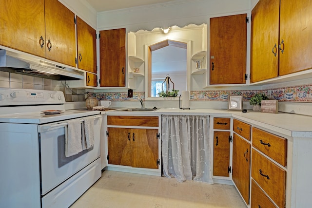 419 S State Rd, Davison, MI 48423 - kitchen with white electric stove, under cabinet range hood, a sink, light countertops, and open shelves