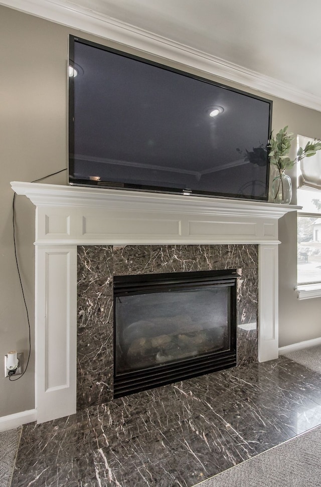 detailed view of a high end fireplace, crown molding, and baseboards