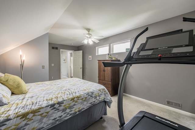 carpeted bedroom featuring ceiling fan and baseboards