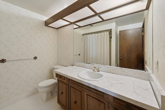 full bathroom with wallpapered walls, toilet, tile patterned floors, vanity, and baseboards