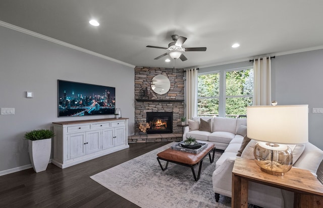 50279 Cromwell St, Canton, MI 48188 - living room with a ceiling fan, a fireplace, crown molding, dark wood finished floors, and recessed lighting