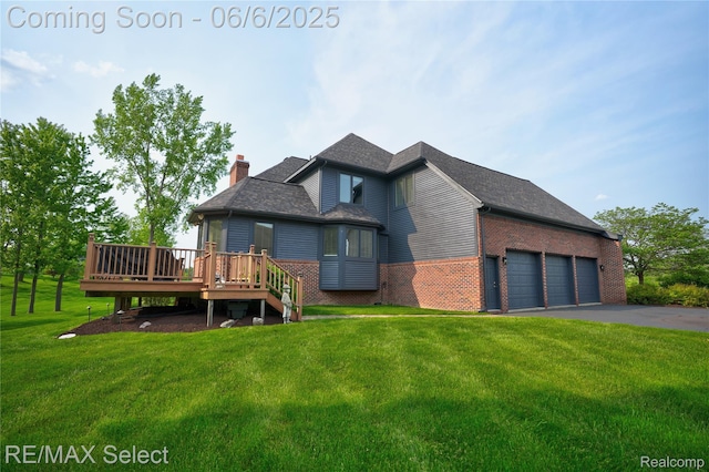 8320 Misty Mdws, Grand Blanc, MI 48439 - back of house featuring a wooden deck, brick siding, a chimney, a yard, and asphalt driveway