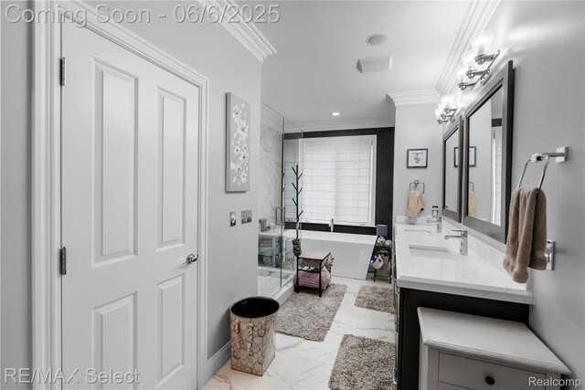 8320 Misty Mdws, Grand Blanc, MI 48439 - bathroom with ornamental molding, a freestanding bath, double vanity, marble finish floors, and a shower