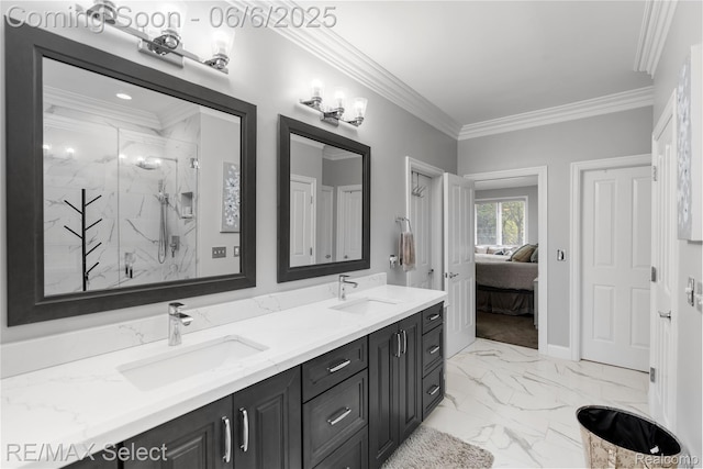 8320 Misty Mdws, Grand Blanc, MI 48439 - full bathroom featuring marble look tile flooring, connected bathroom, a marble finish shower, double vanity, and ornamental molding