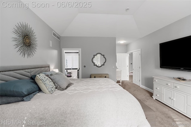 8320 Misty Mdws, Grand Blanc, MI 48439 - bedroom featuring light colored carpet, lofted ceiling, baseboards, and connected bathroom