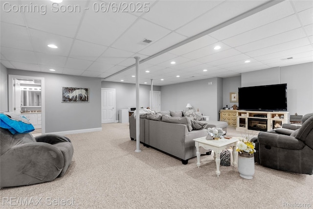 8320 Misty Mdws, Grand Blanc, MI 48439 - carpeted living room featuring baseboards, a drop ceiling, and recessed lighting