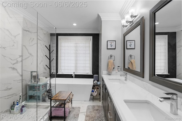 8320 Misty Mdws, Grand Blanc, MI 48439 - bathroom with double vanity, a freestanding bath, recessed lighting, a marble finish shower, and ornamental molding