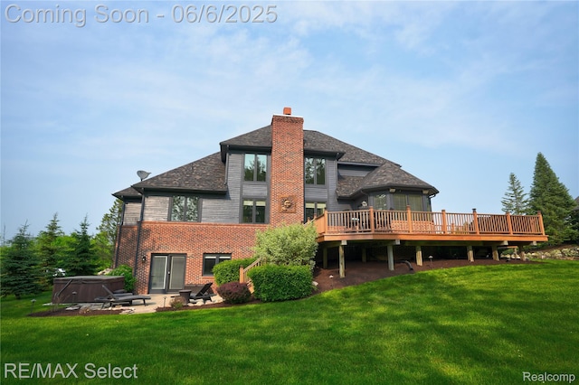 8320 Misty Mdws, Grand Blanc, MI 48439 - back of house featuring a hot tub, a wooden deck, a lawn, and a chimney