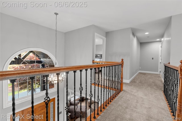 8320 Misty Mdws, Grand Blanc, MI 48439 - hallway with an upstairs landing, carpet flooring, baseboards, and recessed lighting