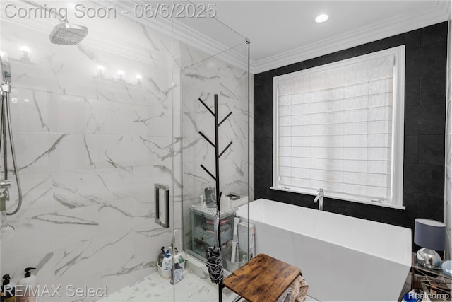 8320 Misty Mdws, Grand Blanc, MI 48439 - bathroom featuring a marble finish shower, a soaking tub, and ornamental molding