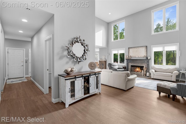 8320 Misty Mdws, Grand Blanc, MI 48439 - living room with a warm lit fireplace, wood finished floors, baseboards, a towering ceiling, and recessed lighting