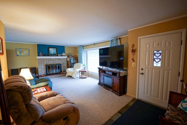 1090 Sunset Dr, Holly, MI 48442 - living room with a brick fireplace, carpet, and crown molding