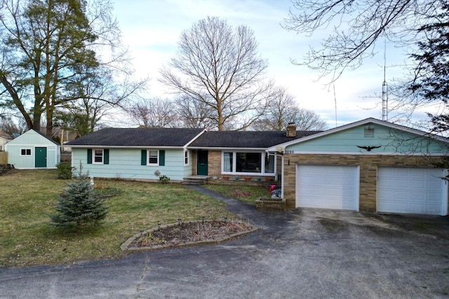 1090 Sunset Dr, Holly, MI 48442 - ranch-style home with driveway, a chimney, a front yard, and an attached garage