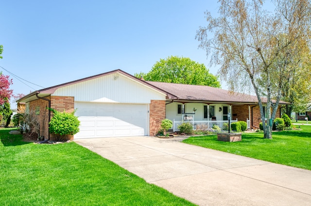 3683 Elmwood, Vassar, MI 48768 - ranch-style house featuring a porch, brick siding, a garage, and concrete driveway