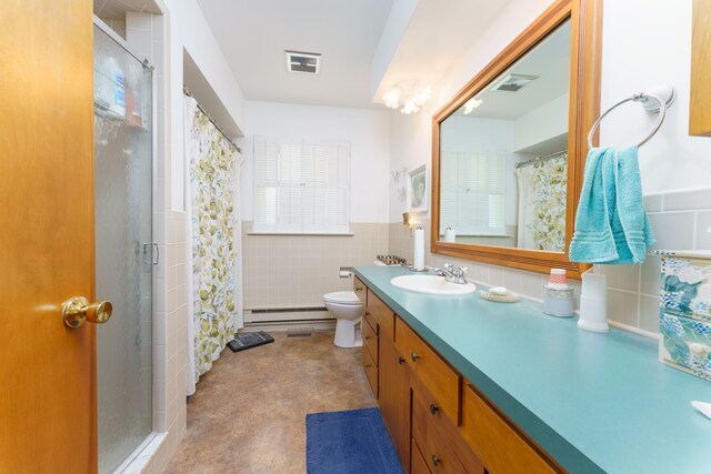 3683 Elmwood, Vassar, MI 48768 - full bath with a baseboard heating unit, tile walls, a shower with curtain, vanity, and wainscoting
