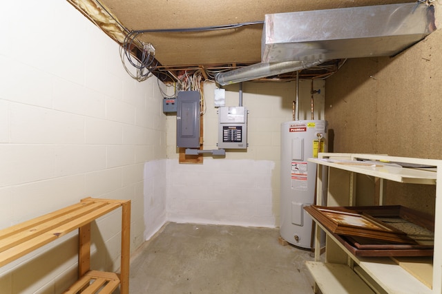3683 Elmwood, Vassar, MI 48768 - unfinished below grade area with water heater, electric panel, and concrete block wall