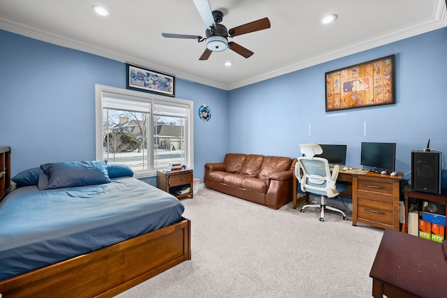 25031 Newton St, Dearborn, MI 48124 - bedroom featuring ornamental molding, carpet flooring, recessed lighting, a desk, and a ceiling fan