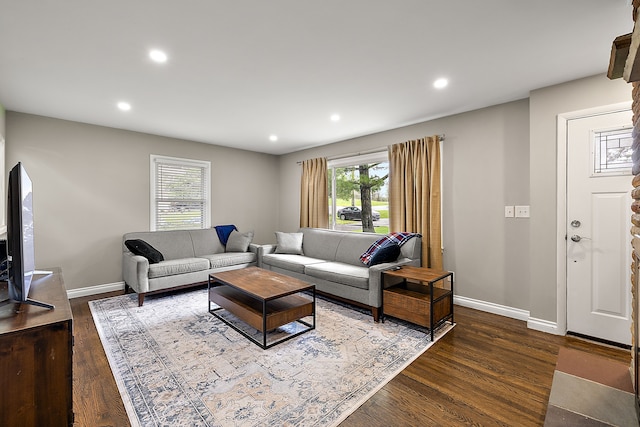 1090 S Williams Lake Rd, White Lake, MI 48386 - living area with plenty of natural light, dark wood-style floors, baseboards, and recessed lighting