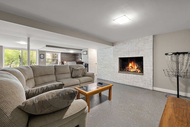 1090 S Williams Lake Rd, White Lake, MI 48386 - living room featuring baseboards and a brick fireplace