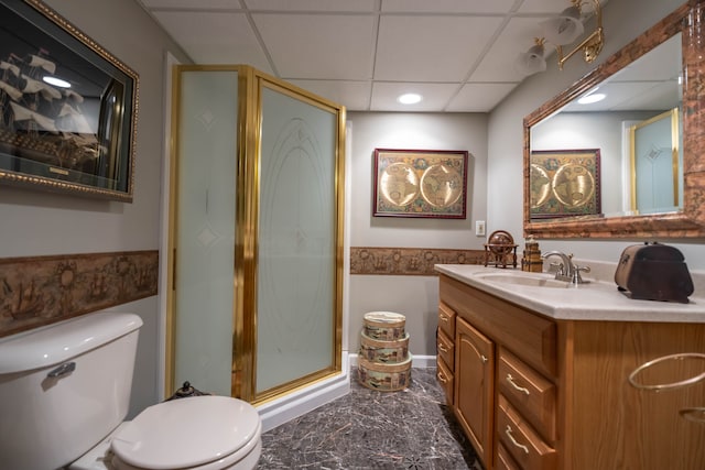 3142 Buss Dr, Commerce Twp, MI 48390 - full bathroom with a paneled ceiling, toilet, a stall shower, marble finish flooring, and vanity