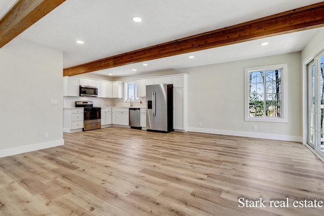 3339 N Weber Rd, Muskegon, MI 49445 - kitchen with stainless steel appliances, beam ceiling, recessed lighting, light wood finished floors, and white cabinets