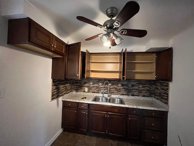 11520 Engleside St, Detroit, MI 48205 - kitchen with a sink, open shelves, ceiling fan, and decorative backsplash