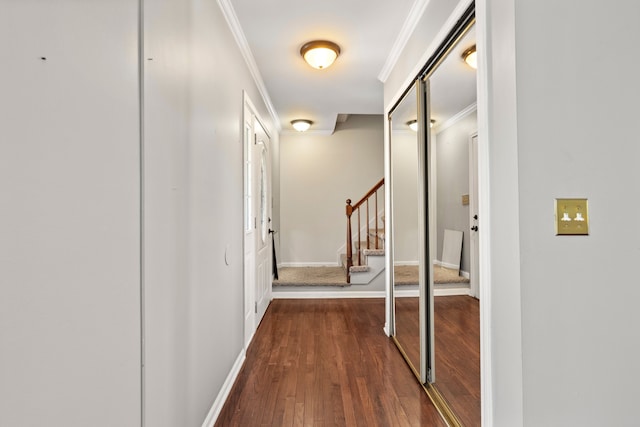 50631 Newcastle Dr, Chesterfield, MI 48047 - hall with ornamental molding, dark wood-style floors, stairs, and baseboards