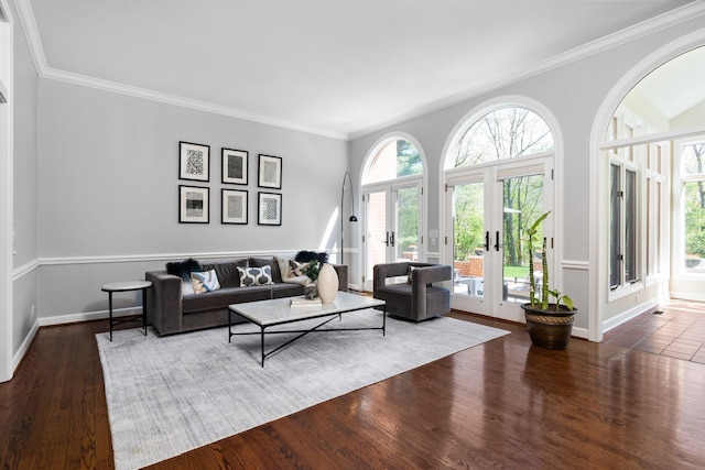 1303 Towsley Ln, Ann Arbor, MI 48105 - living room featuring plenty of natural light, french doors, wood finished floors, crown molding, and baseboards