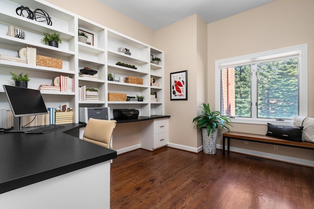 1303 Towsley Ln, Ann Arbor, MI 48105 - home office with dark wood finished floors, built in study area, and baseboards