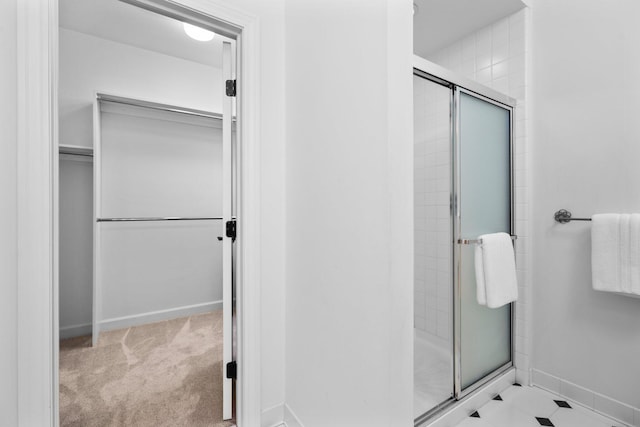 1303 Towsley Ln, Ann Arbor, MI 48105 - full bathroom featuring a stall shower, a walk in closet, and baseboards