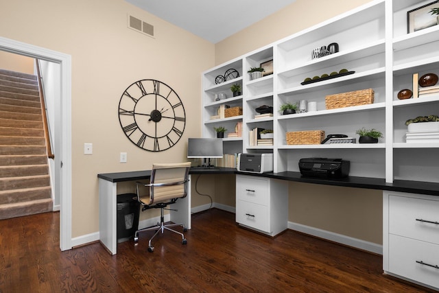 1303 Towsley Ln, Ann Arbor, MI 48105 - office with built in study area, dark wood-style floors, and baseboards