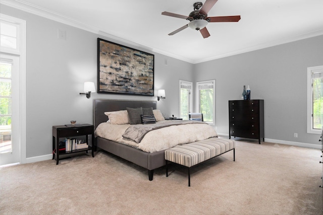 1303 Towsley Ln, Ann Arbor, MI 48105 - bedroom featuring ornamental molding, light carpet, baseboards, and ceiling fan