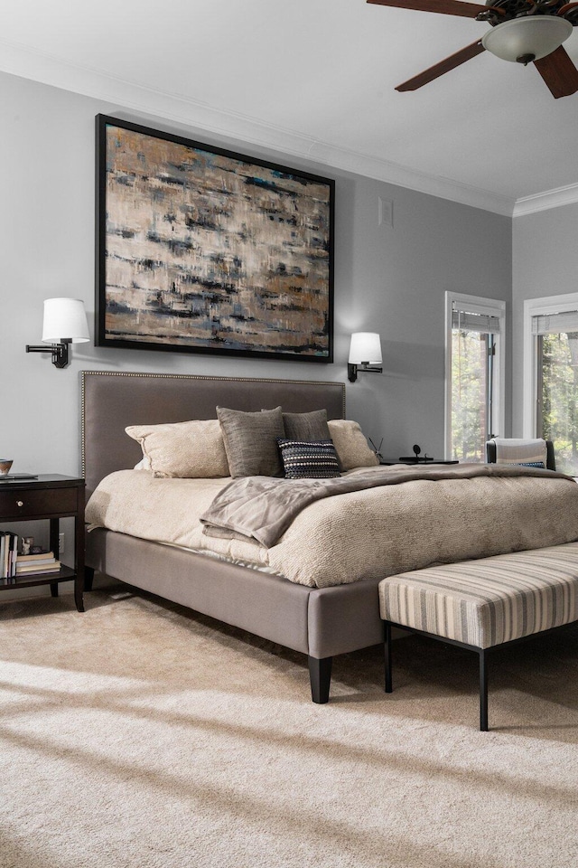 1303 Towsley Ln, Ann Arbor, MI 48105 - carpeted bedroom with ornamental molding and ceiling fan