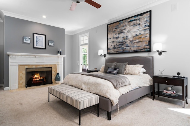 1303 Towsley Ln, Ann Arbor, MI 48105 - bedroom featuring crown molding, carpet flooring, a tile fireplace, a ceiling fan, and recessed lighting