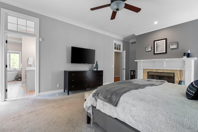 1303 Towsley Ln, Ann Arbor, MI 48105 - bedroom with carpet flooring, ornamental molding, baseboards, recessed lighting, and ceiling fan