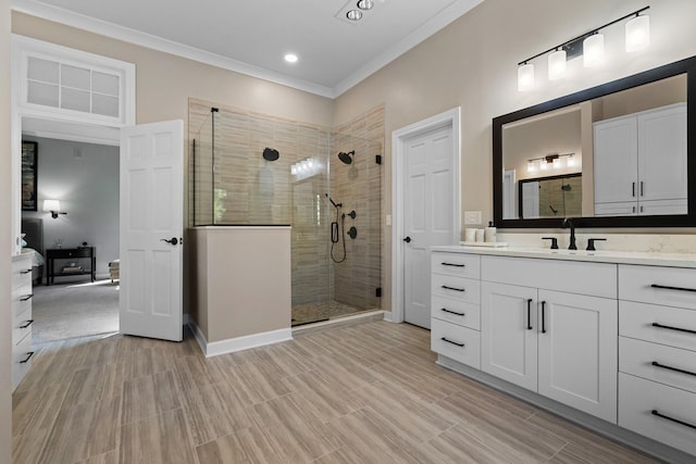 1303 Towsley Ln, Ann Arbor, MI 48105 - full bathroom featuring a shower stall, ornamental molding, vanity, baseboards, and recessed lighting