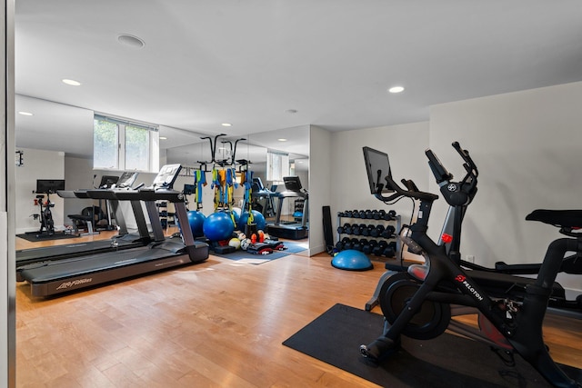 1303 Towsley Ln, Ann Arbor, MI 48105 - workout area featuring wood finished floors and recessed lighting