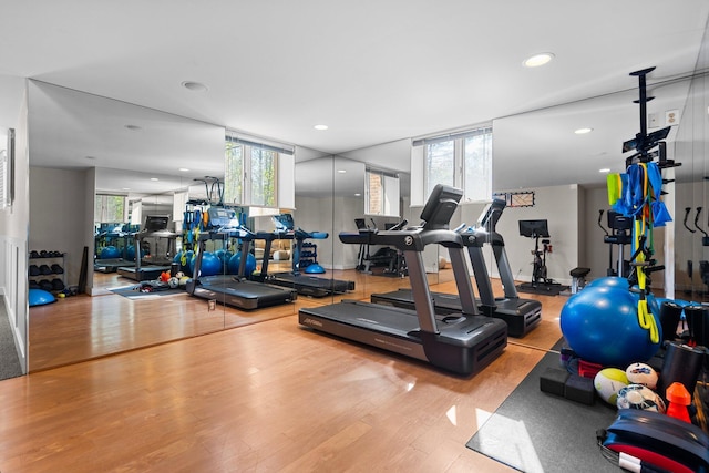 1303 Towsley Ln, Ann Arbor, MI 48105 - exercise room with wood finished floors and recessed lighting