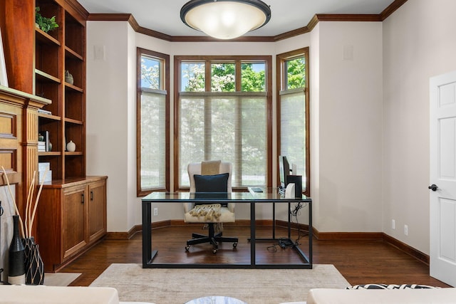 1303 Towsley Ln, Ann Arbor, MI 48105 - office with dark wood-style flooring, crown molding, and baseboards