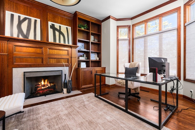 1303 Towsley Ln, Ann Arbor, MI 48105 - office with wood finished floors, a high end fireplace, baseboards, crown molding, and built in features