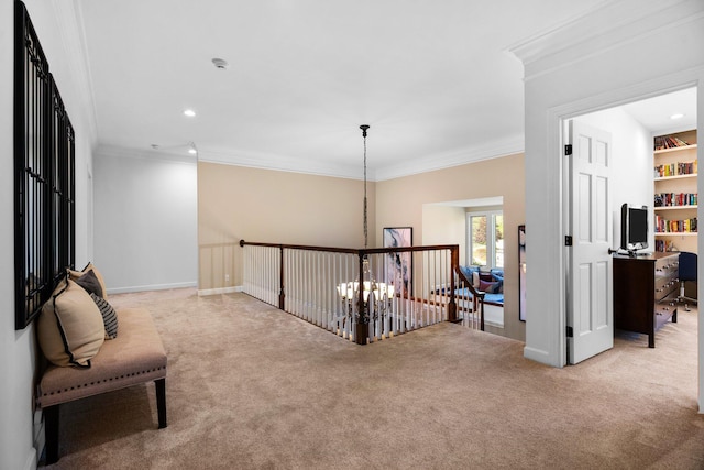 1303 Towsley Ln, Ann Arbor, MI 48105 - hall with carpet flooring, crown molding, an upstairs landing, recessed lighting, and a chandelier