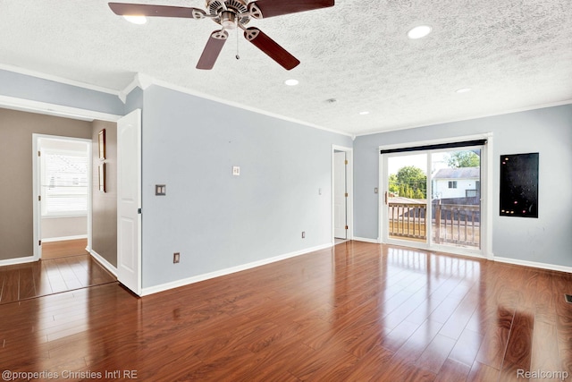 1700 Maddy Ln, Keego Harbor, MI 48320 - unfurnished room featuring a textured ceiling, ornamental molding, wood finished floors, ceiling fan, and recessed lighting