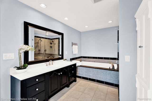 1700 Maddy Ln, Keego Harbor, MI 48320 - bathroom featuring a garden tub, tile patterned flooring, a stall shower, vanity, and recessed lighting
