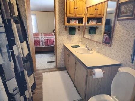4297 N Wilderness Trl, Luther, MI 49656 - full bathroom with wallpapered walls, toilet, vanity, wood finished floors, and ensuite bath