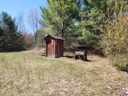 4297 N Wilderness Trl, Luther, MI 49656 - view of yard featuring a storage unit and a view of trees