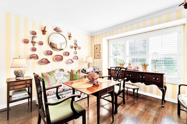 22366 Valley Oaks Dr, Beverly Hills, MI 48025 - dining room featuring wallpapered walls, dark wood-style flooring, baseboards, and ornamental molding