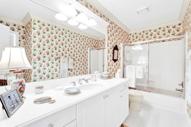 22366 Valley Oaks Dr, Beverly Hills, MI 48025 - bathroom with wallpapered walls, tile patterned floors, vanity, toilet, and bath / shower combo with glass door